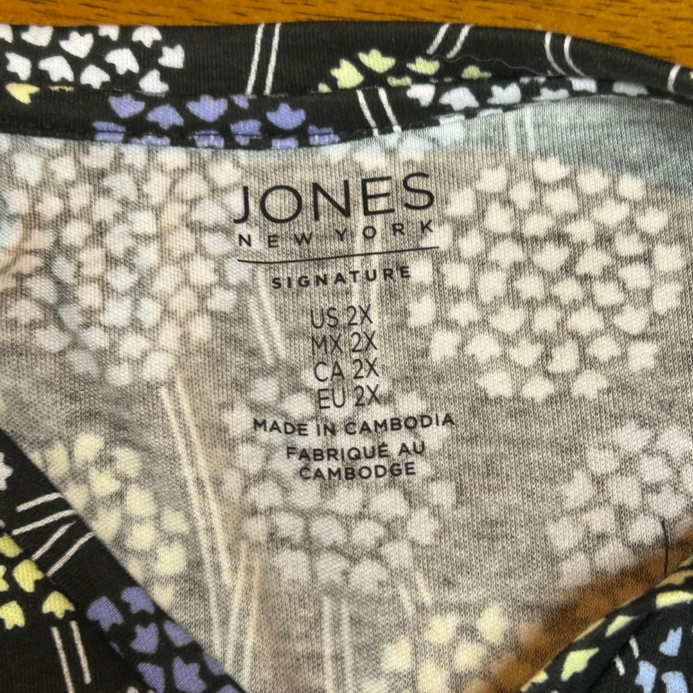 Jones New York Signature Womens 2X V-Neck Floral Top Rainshadow Multi Cotton NEW - Picture 3 of 12